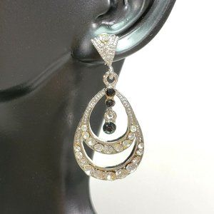 Silver Rhinestone Dangle Earrings Black Crystals